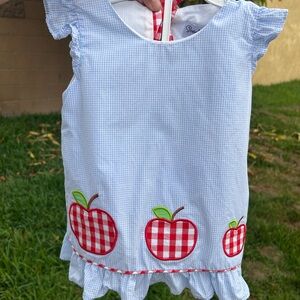 Smocked Apple Appliqué Blue Girls Matching Set - Small